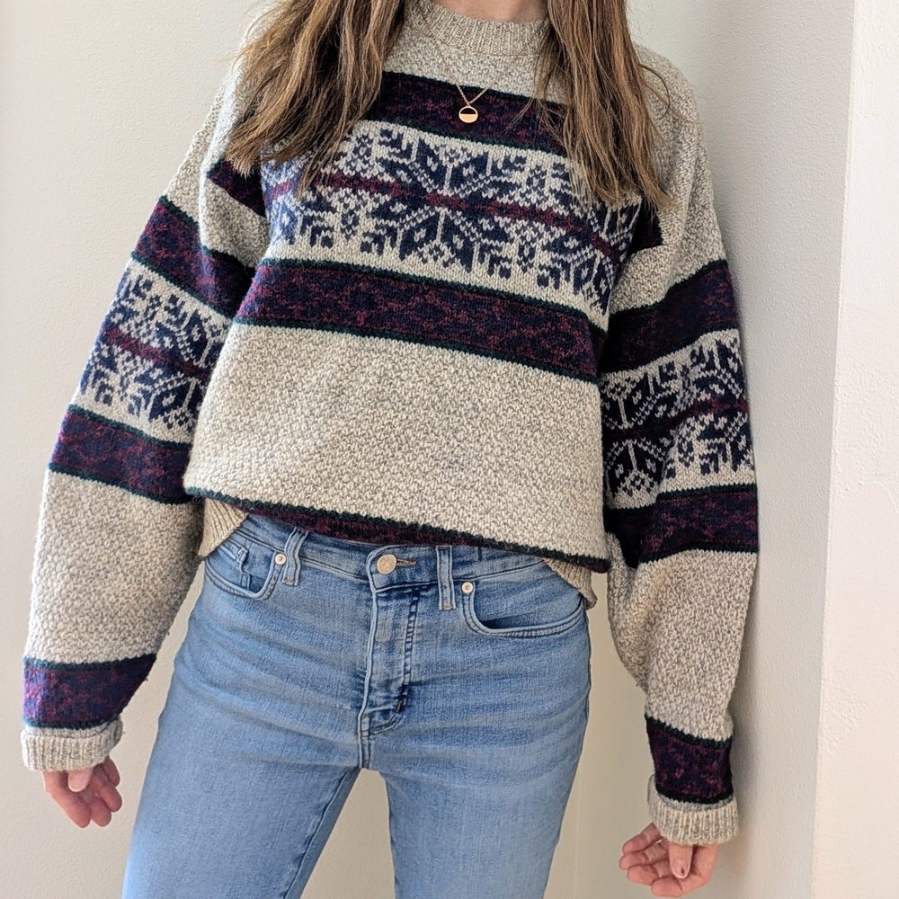 Vintage American Eagle Fair Isle Nordic Patterned Wool Crewneck Sweater In Gray